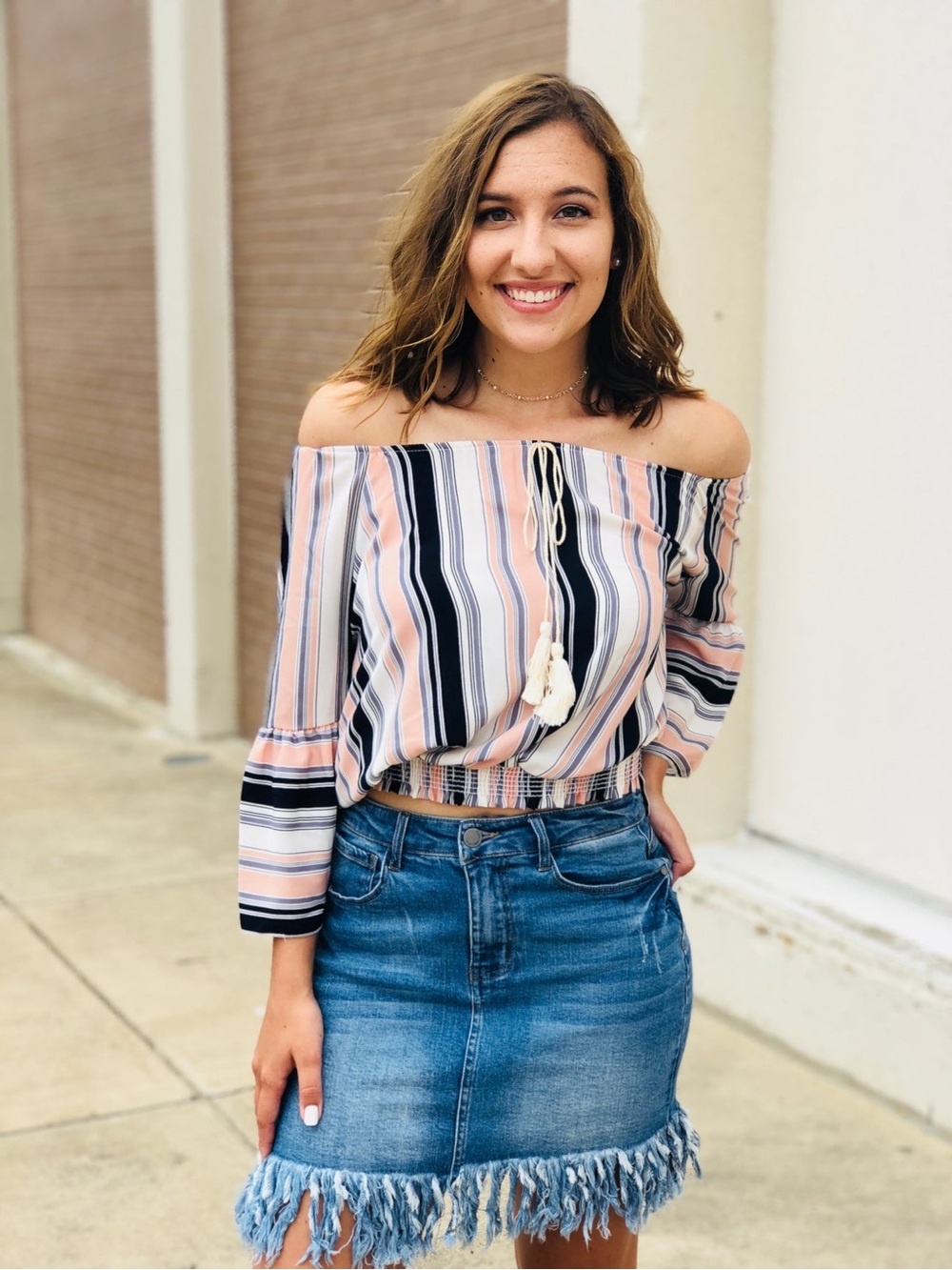Striped Off-Shoulder Peasant Top in Blush and Navy